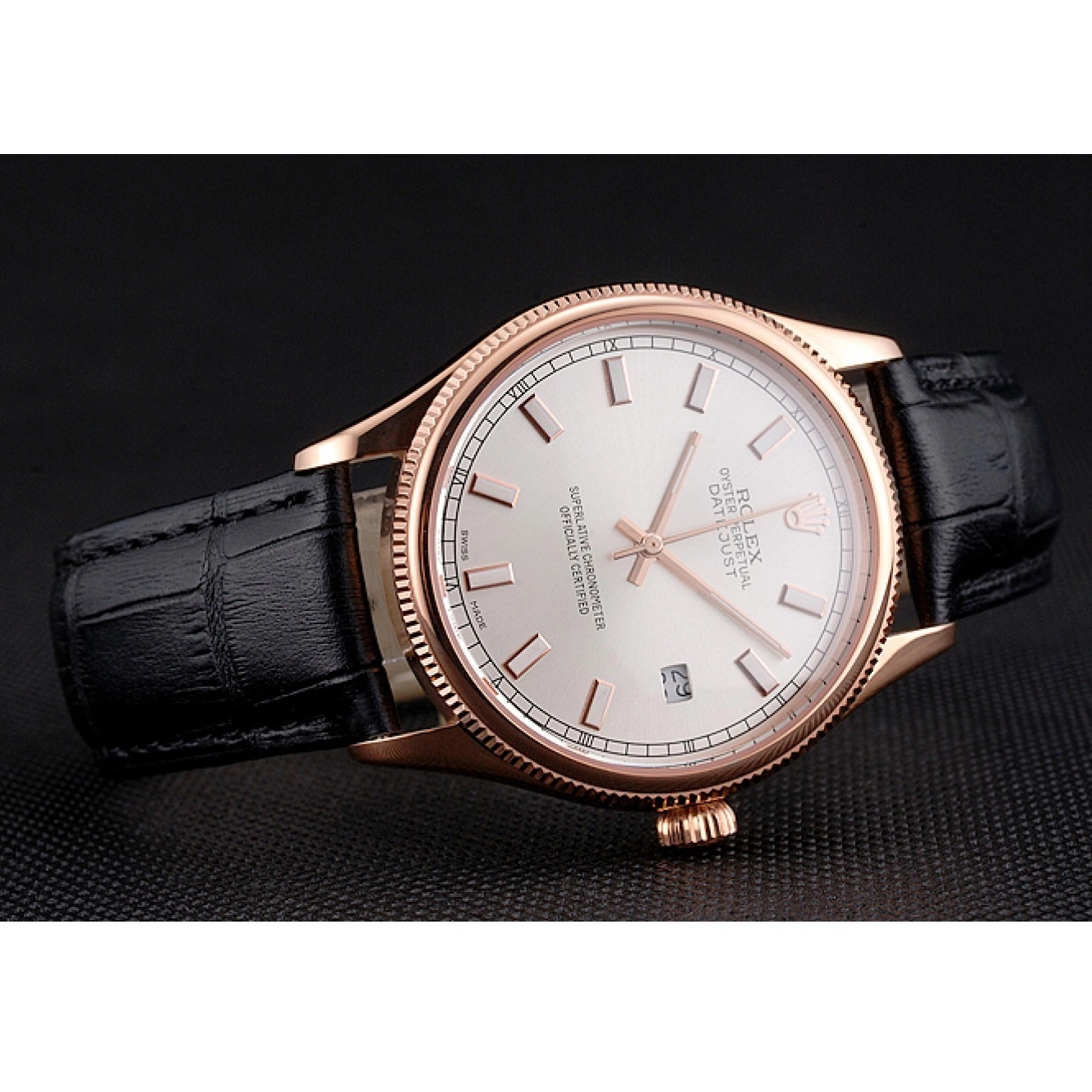 AAA Replica Watches Rose Dial White Leather Case Black Strap Swiss Gold Rolex Datejust 0709